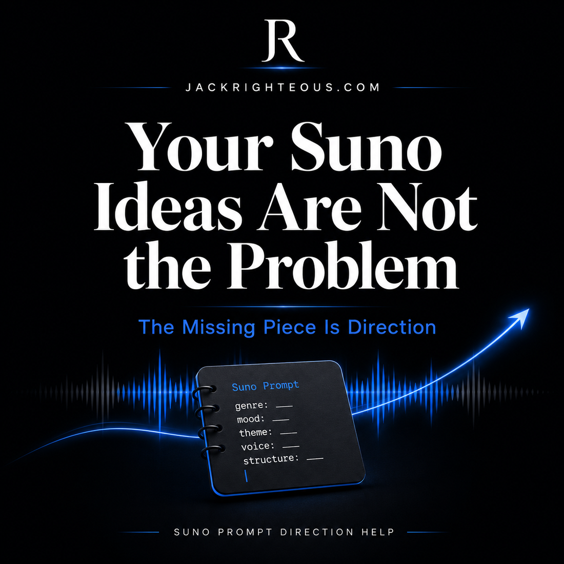 Promotional graphic with text 'Your Suno Ideas Are Not the Problem' and a prompt interface on a dark background.