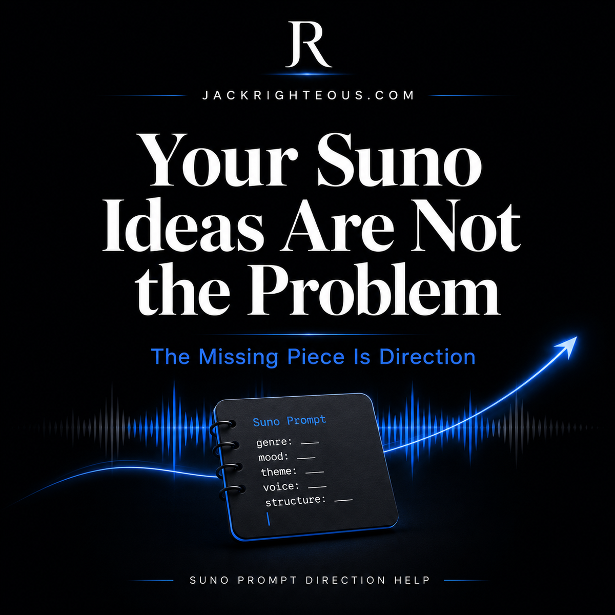 Promotional graphic with text 'Your Suno Ideas Are Not the Problem' and a prompt interface on a dark background.