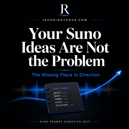 Promotional graphic with text 'Your Suno Ideas Are Not the Problem' and a prompt interface on a dark background.