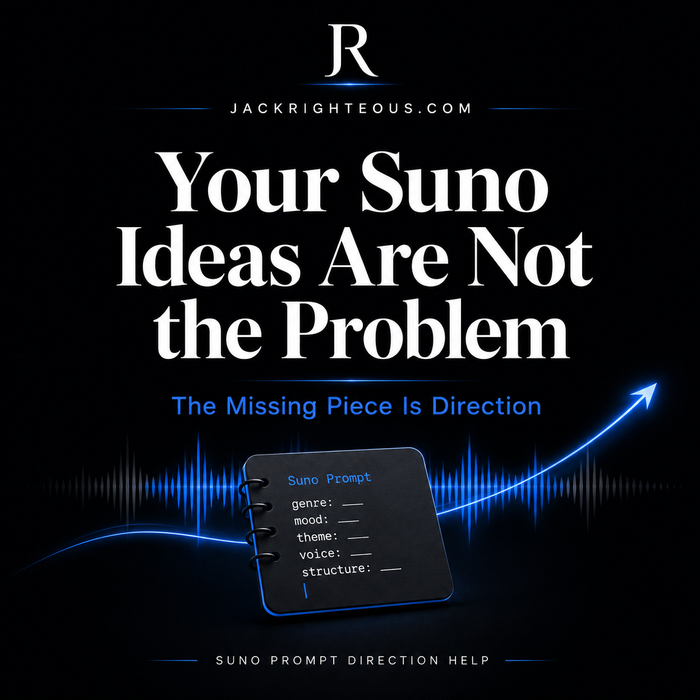 Promotional graphic with text 'Your Suno Ideas Are Not the Problem' and a prompt interface on a dark background.