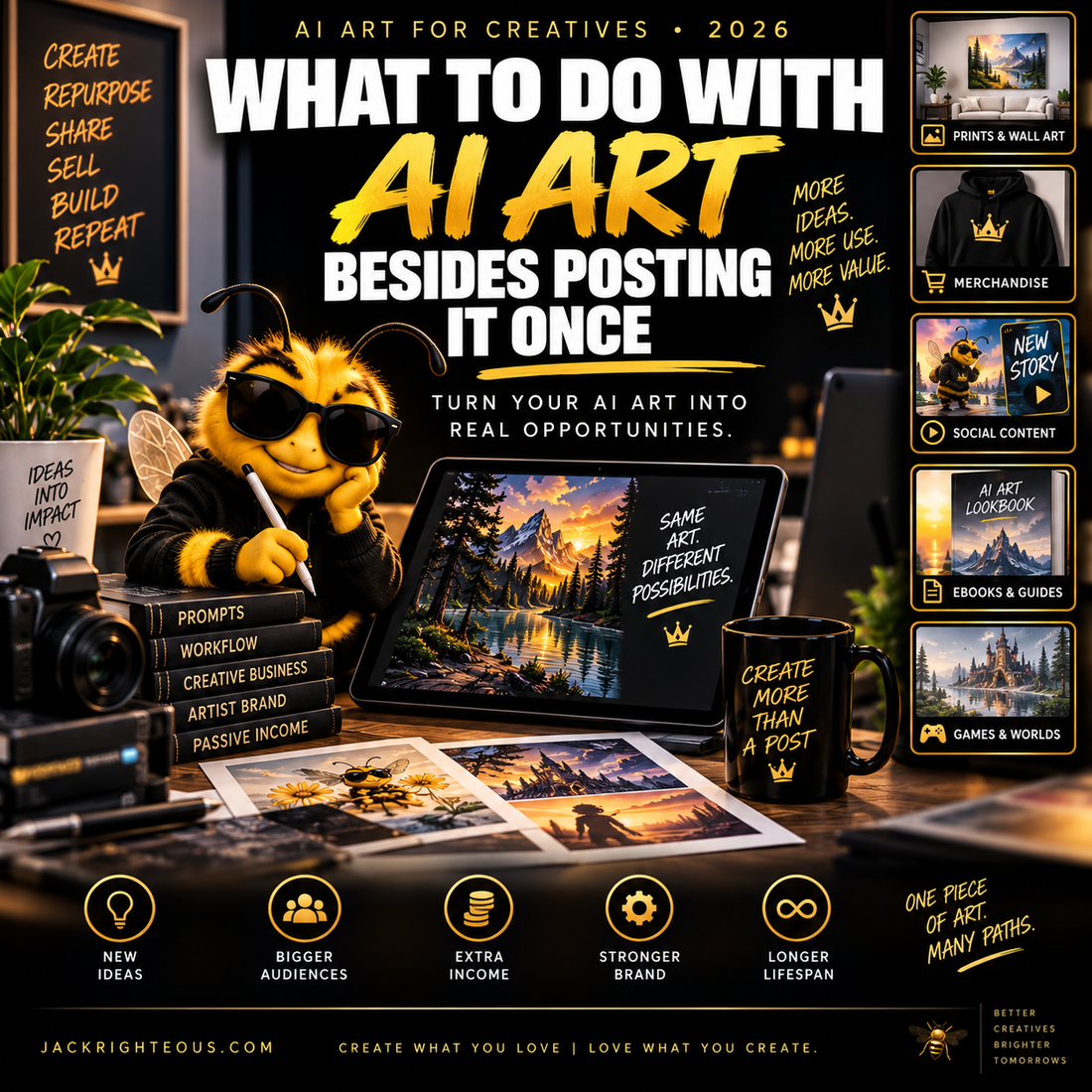 Bee creator repurposing one AI artwork into prints, merchandise, social content, ebooks and game visuals