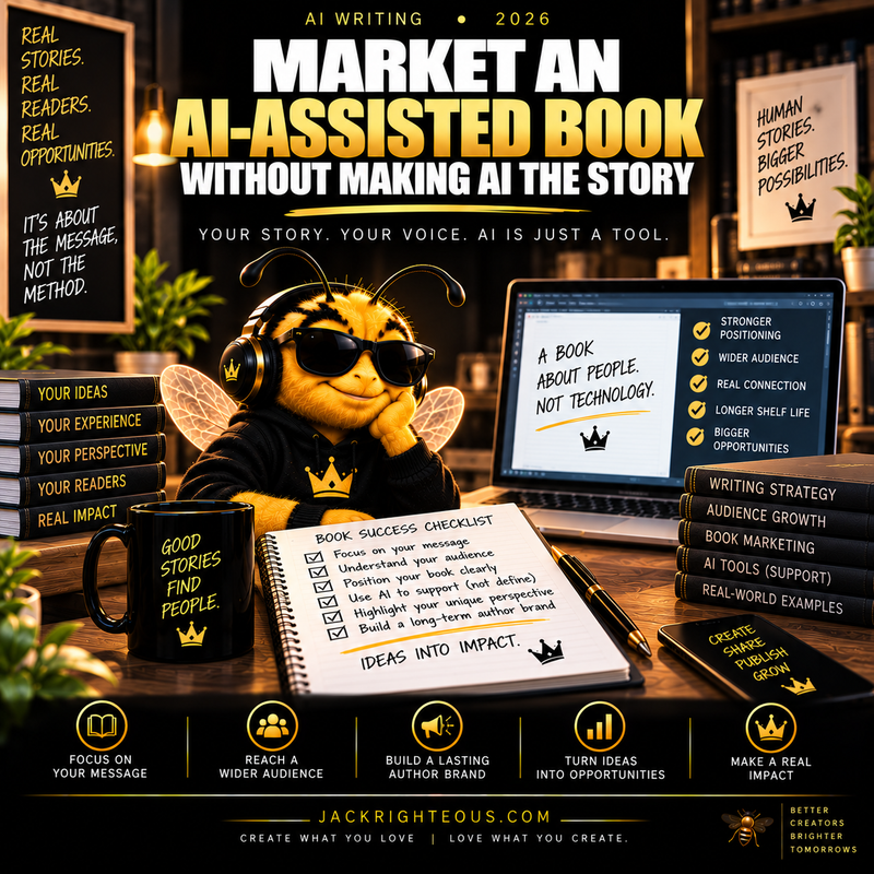 Bee author at a desk with book marketing checklist for promoting an AI-assisted book without making AI the story