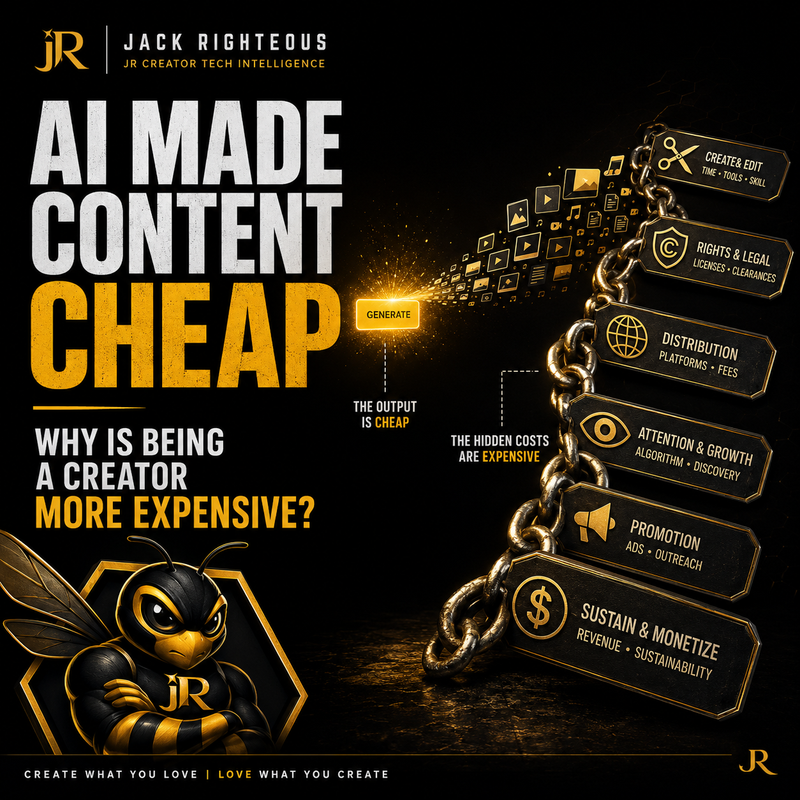AI content cost analysis showing how editing, rights, distribution, attention, promotion and monetization create the real creator workload