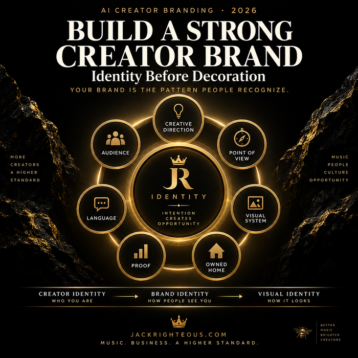 Black-and-gold creator identity wheel showing audience, direction, language, proof, visuals and owned home around JR