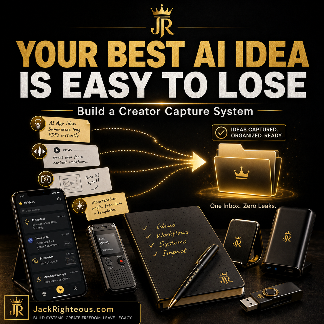 Creator capture system for saving AI ideas with phone, voice recorder, notebook and one organized project folder