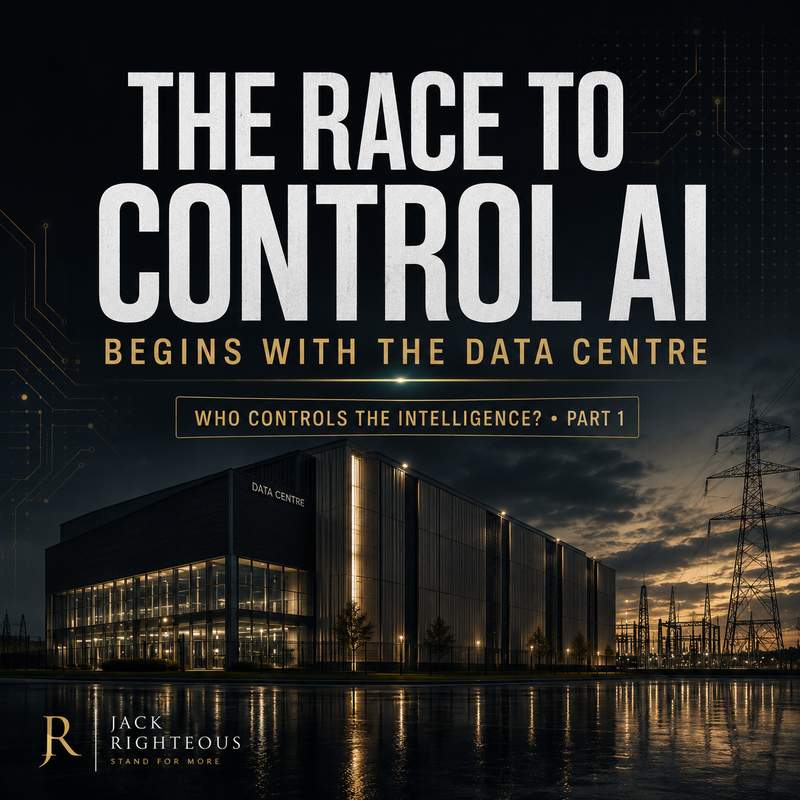 AI data-centre campus beside electrical infrastructure representing the race for computing capacity, power and control