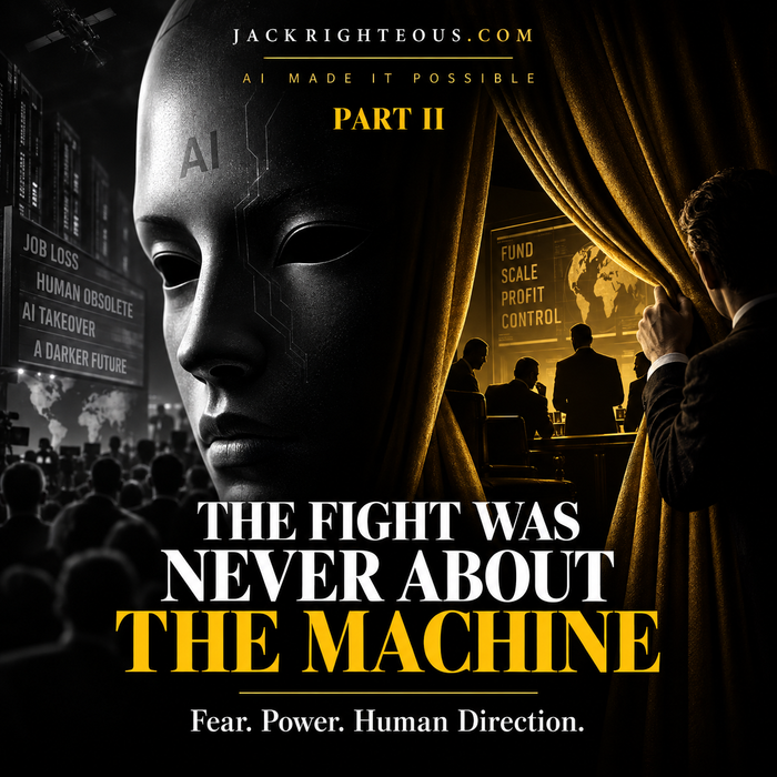 AI Made It Possible Part II — The Fight Was Never About the Machine. Premium JackRighteous.com editorial cover about fear, power and human direction in AI.