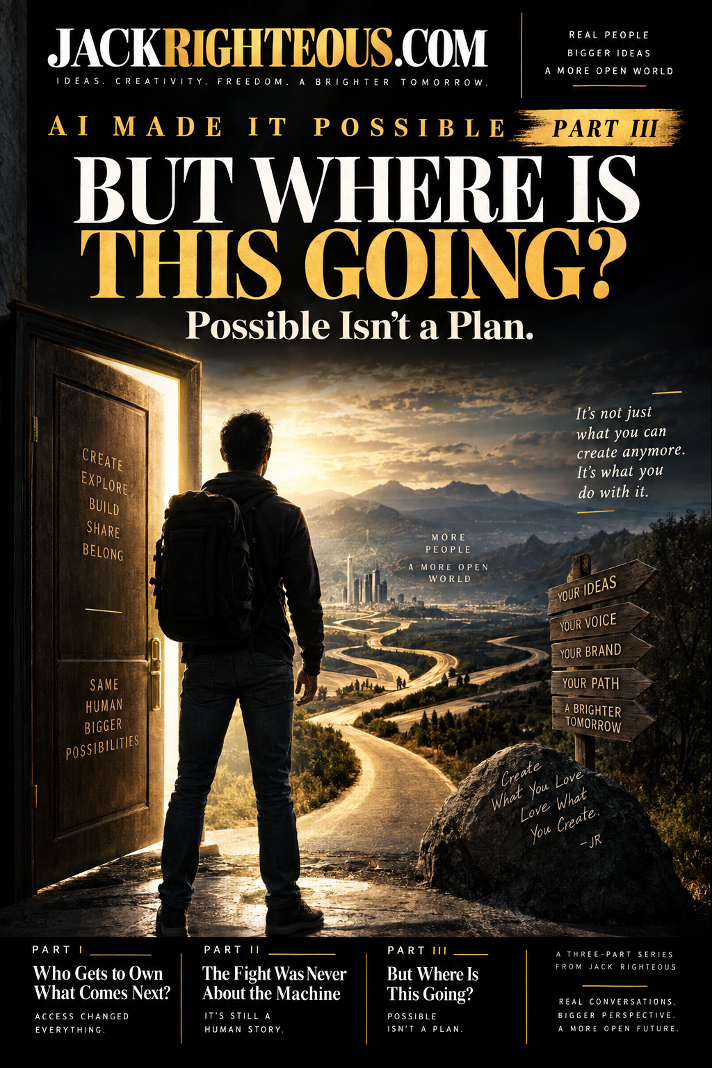 AI Made It Possible Part III — But Where Is This Going? JackRighteous.com editorial cover showing a creator at an open doorway facing branching roads, representing access, direction and creative freedom.
