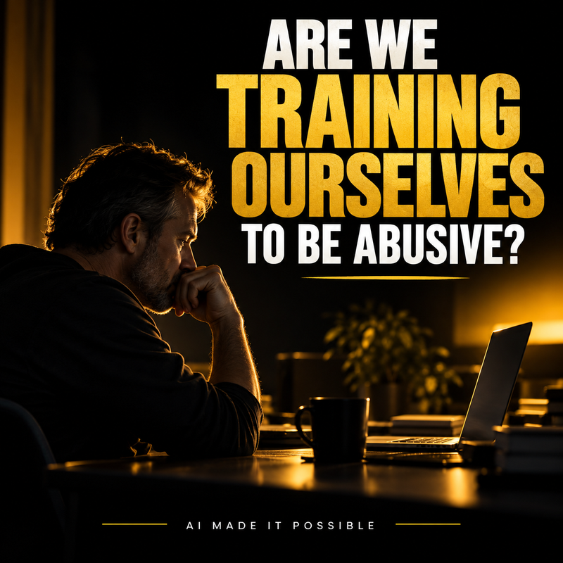 Thoughtful creator at a laptop with the question Are We Training Ourselves to Be Abusive?