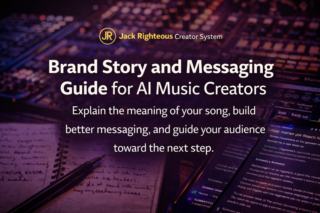 Brand story and messaging guide for AI music creators defining project identity, audience language and clear positioning