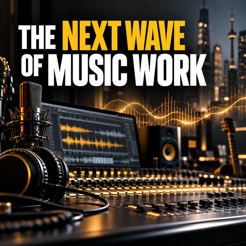 The Next Wave of Music Work: recording microphone, DAW waveform display and professional studio equipment in black, white and gold.