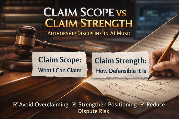 Claim Scope vs Claim Strength in AI Music VIP training cover with Bee Righteous branding and editorial studio design