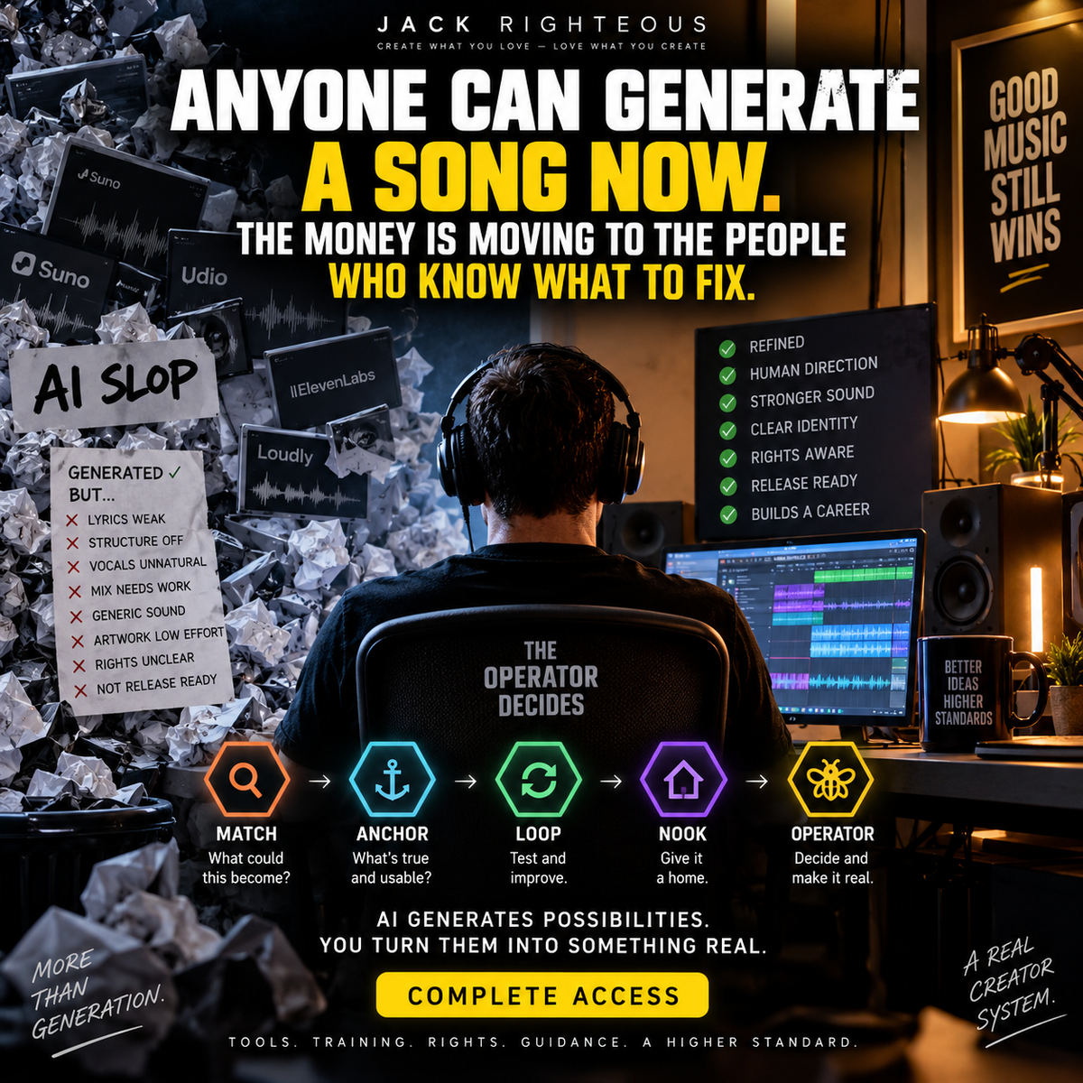 Jack Righteous cover for Anyone Can Generate a Song Now, showing AI slop on one side and a human-directed music production workflow on the other