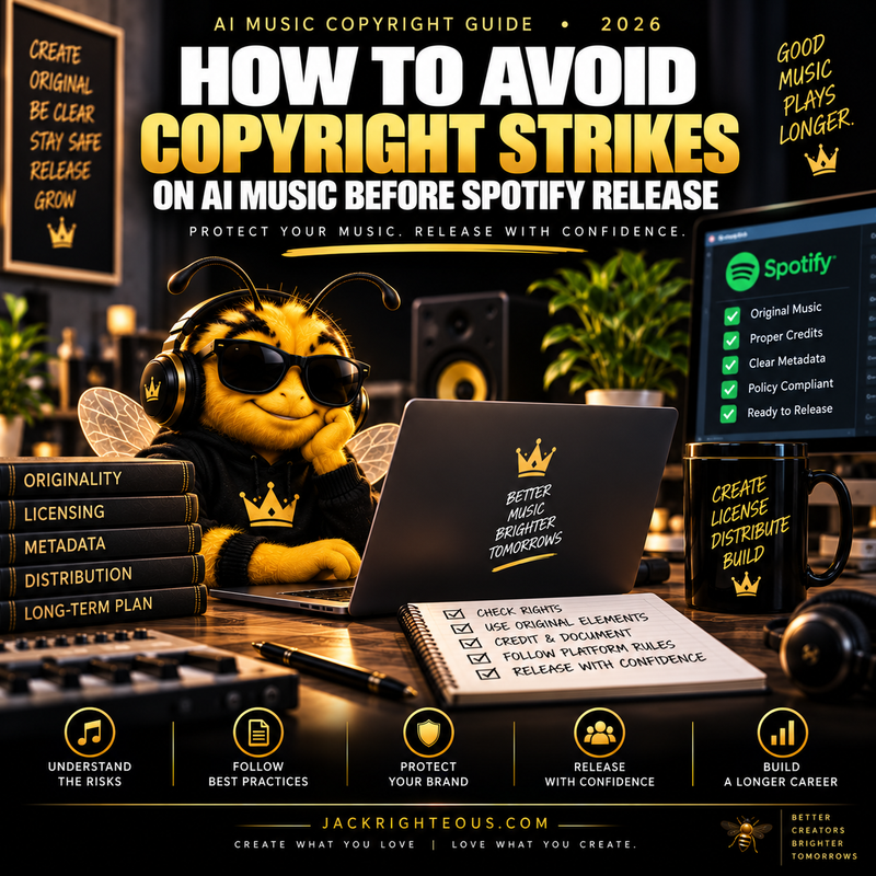 Bee creator reviewing a Spotify release checklist for originality, licensing, metadata and AI music copyright risks