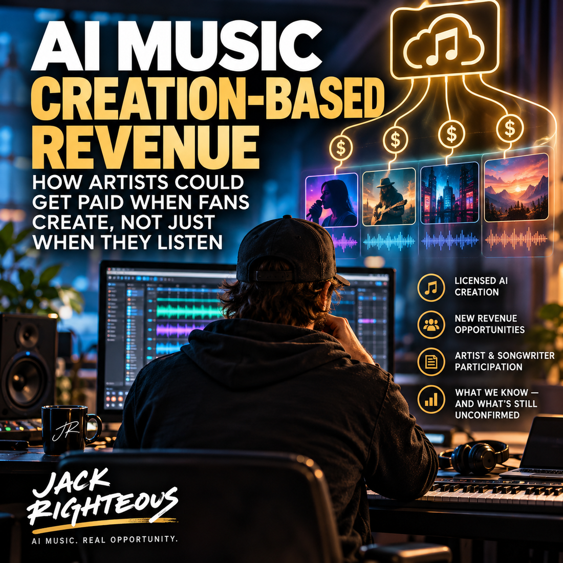 AI music creation-based revenue concept showing a creator at a music workstation with licensed AI revenue pathways
