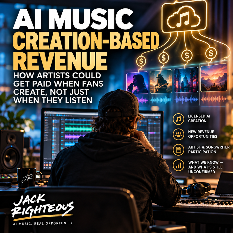 AI music creation-based revenue concept showing a creator at a music workstation with licensed AI revenue pathways