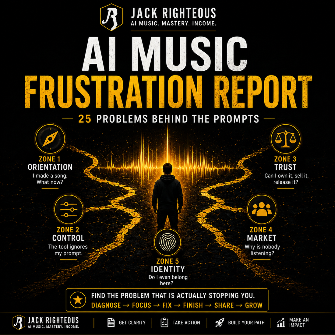 AI Music Frustration Report cover showing a creator facing five challenges: orientation, control, trust, market and identity.
