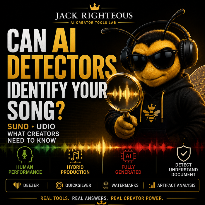 Bee Righteous examines an AI music waveform while explaining how Suno and Udio song detection works for creators