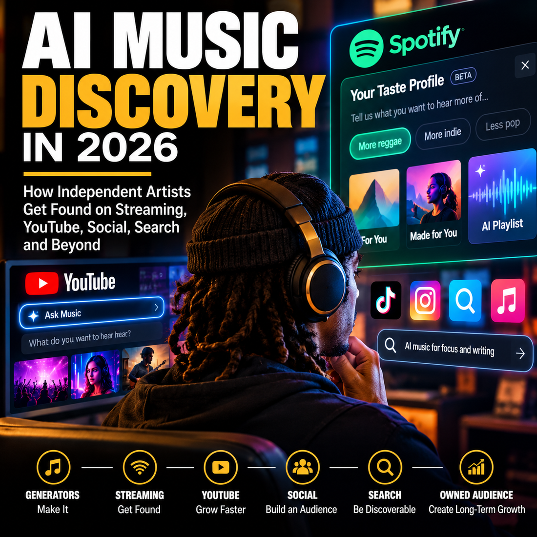 AI Music Discovery in 2026 cover showing Spotify Taste Profile, YouTube Ask Music, streaming, social, search and owned audience discovery