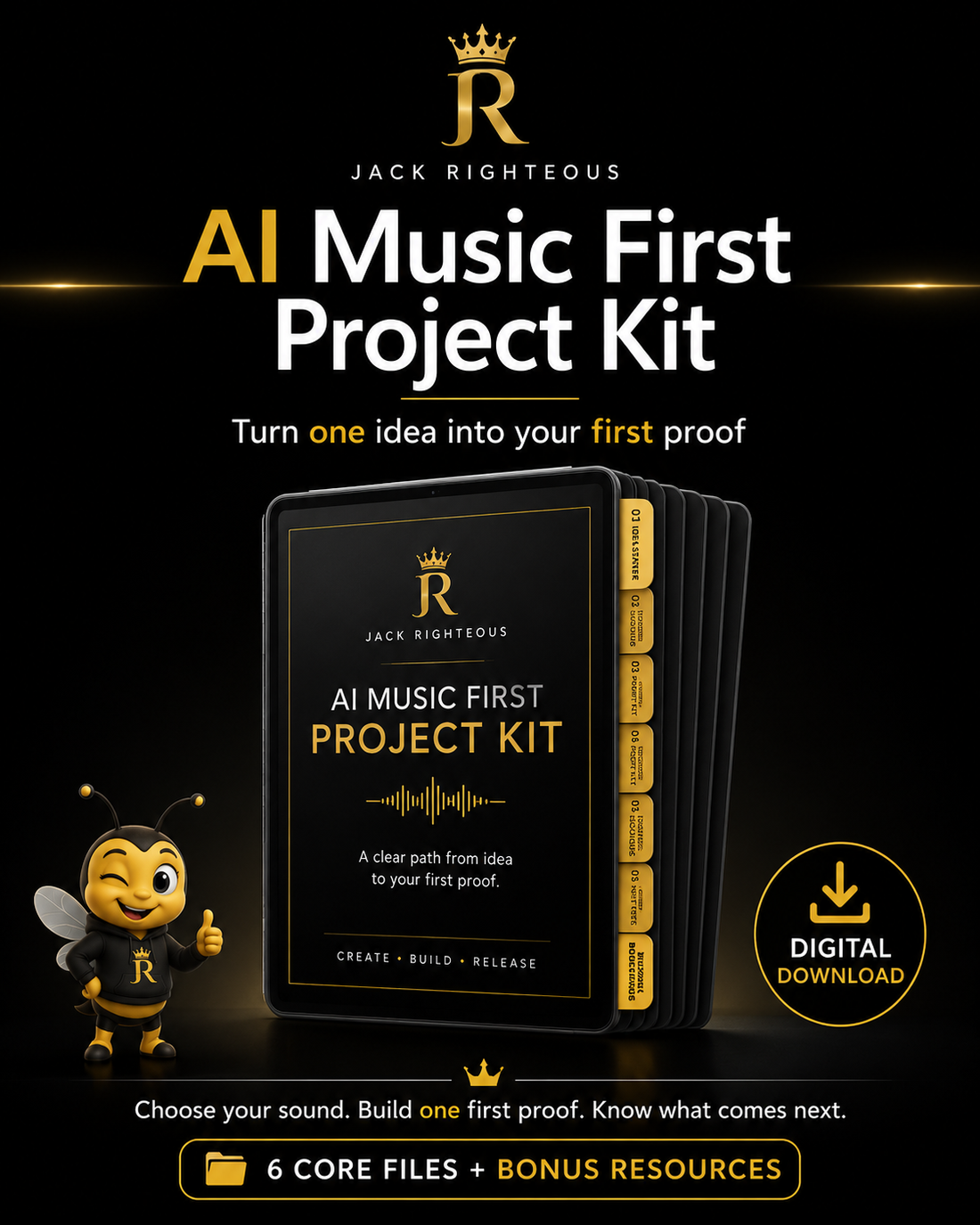 Free AI Music First Project Kit with guides, creator forms and project tracker from Jack Righteous
