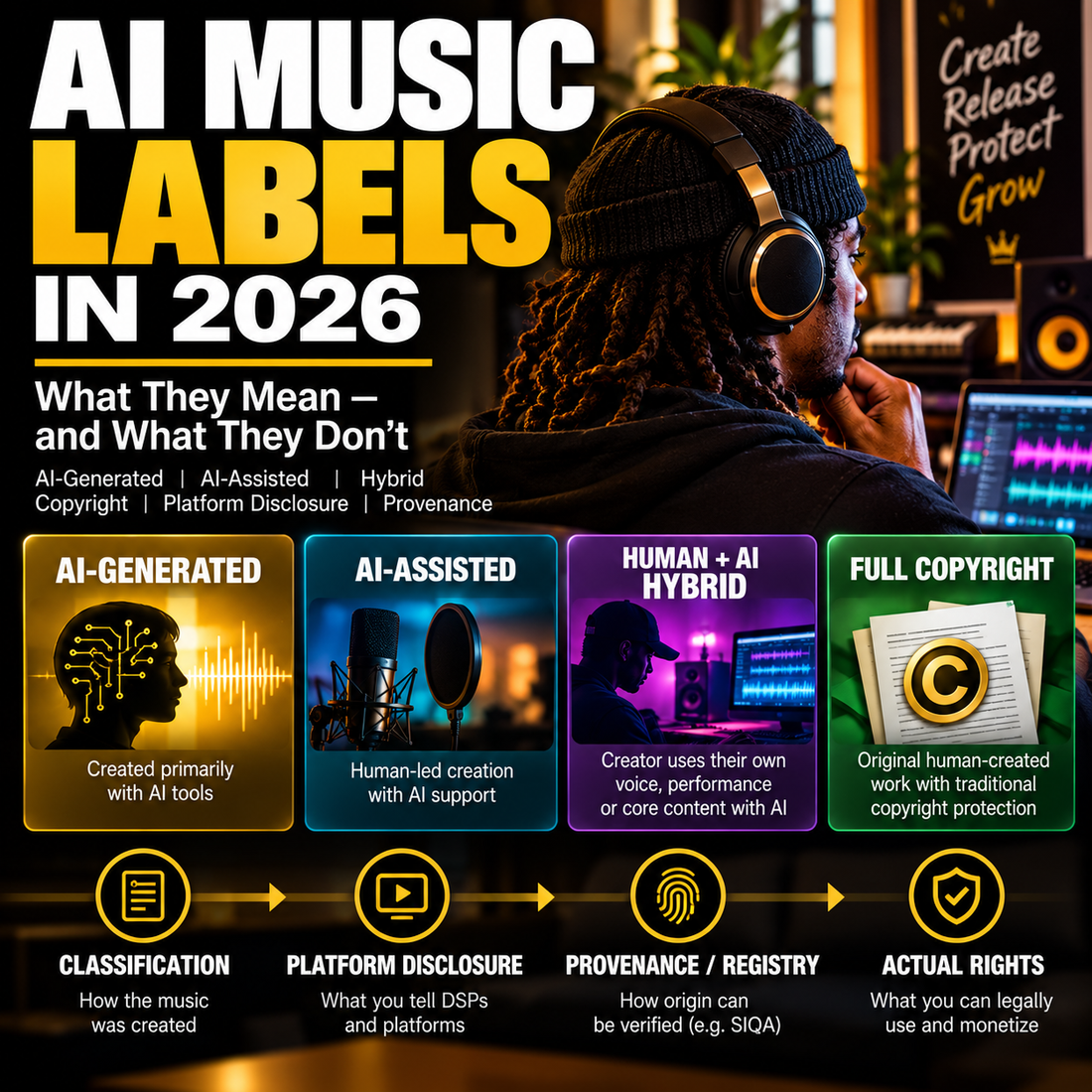 AI Music Labels in 2026 cover showing AI-Generated, AI-Assisted, Human plus AI Hybrid, provenance, platform disclosure and rights
