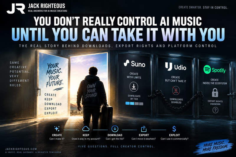 AI Music Portability 2026 guide about downloads, export rights and creator control across Suno, Udio and Spotify