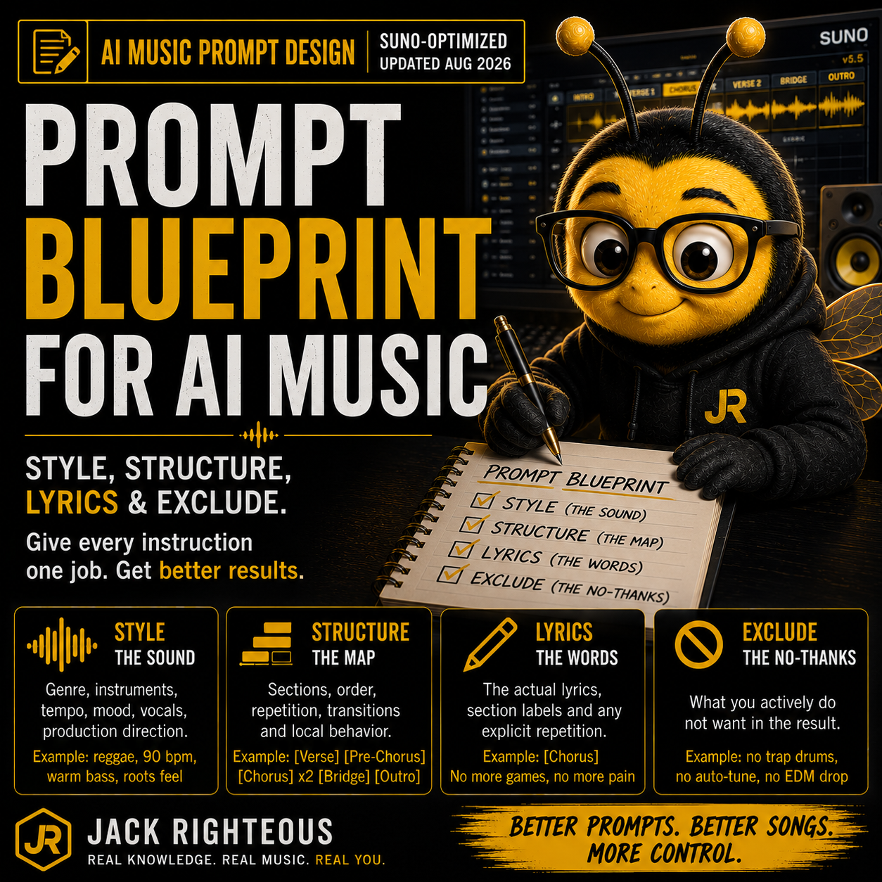 AI music prompt blueprint organizing style, song structure, lyrics and exclusions for clearer generation control