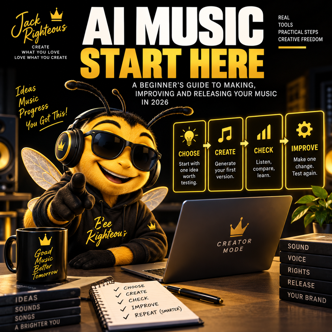 AI Music Start Here beginner guide featuring Bee Righteous and the Choose Create Check Improve workflow