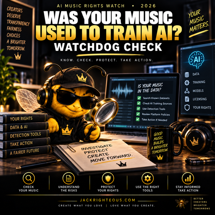 Detective bee with magnifying glass checking AI training datasets and music rights on studio screens