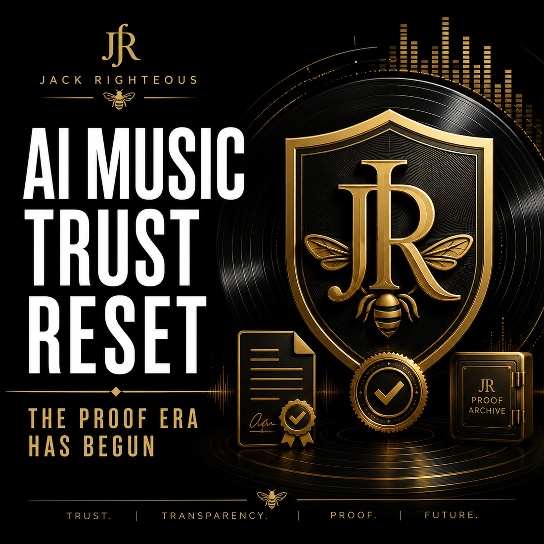 AI Music Trust Reset guide showing a gold proof shield, waveform, provenance signal and secure creator archive on a black background.