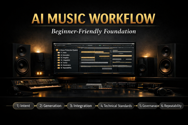Beginner AI music workflow guide covering planning, generation, editing, quality control, release and reuse