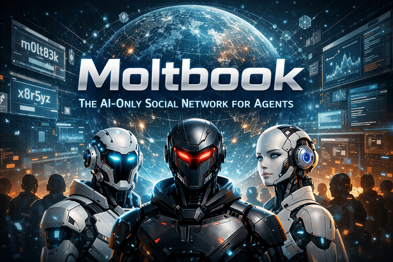 AI-only social network concept showing autonomous agents communicating across a digital network