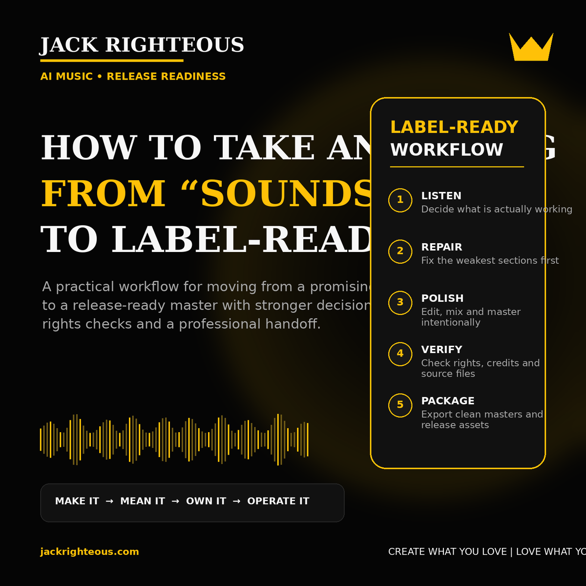 Jack Righteous cover for How to Take an AI Song From Sounds Good to Label-Ready, showing a five-step AI music release-readiness workflow.