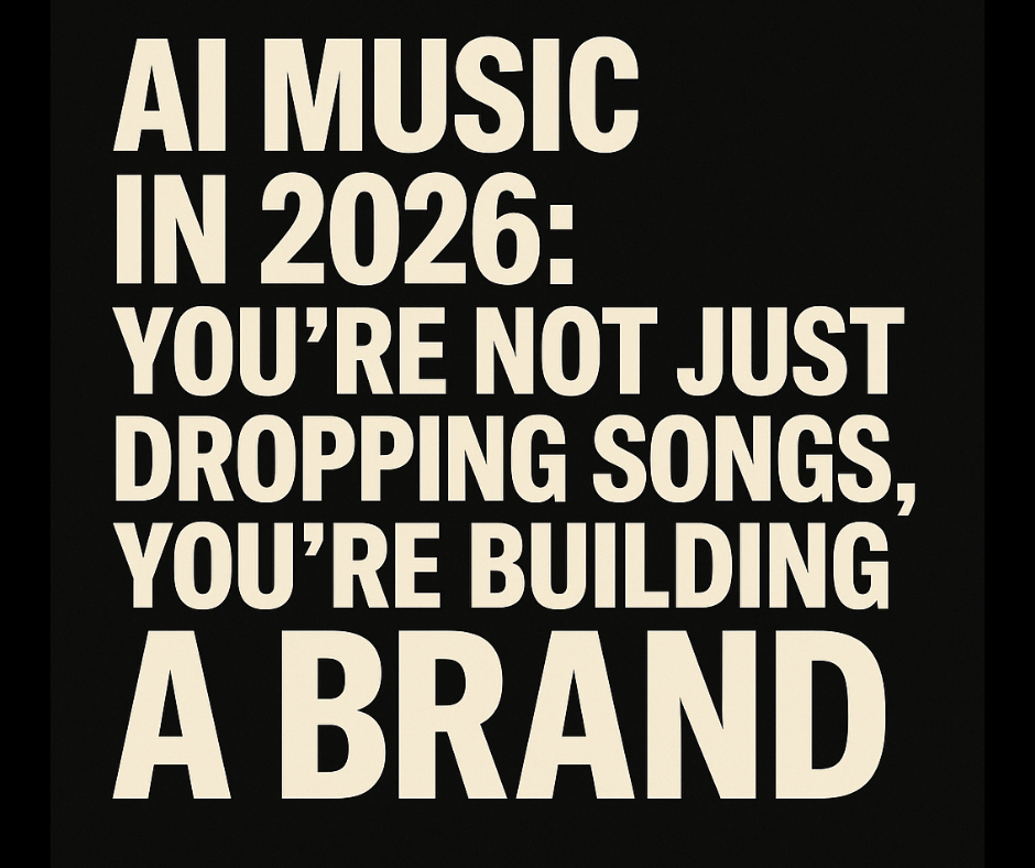 AI Music 2026 cover image with bold text stating “You’re not just dropping songs, you’re building a brand” on black background.