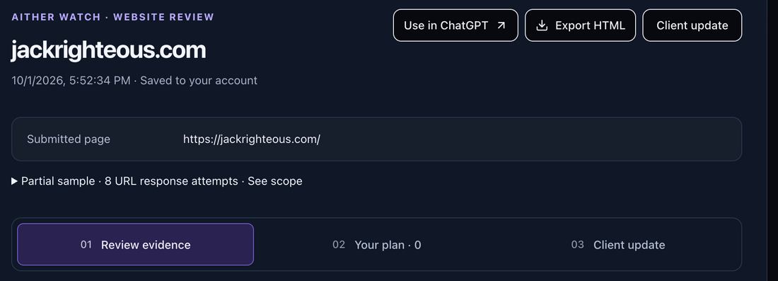 Aither Watch second-run report on JackRighteous.com showing the review evidence workflow