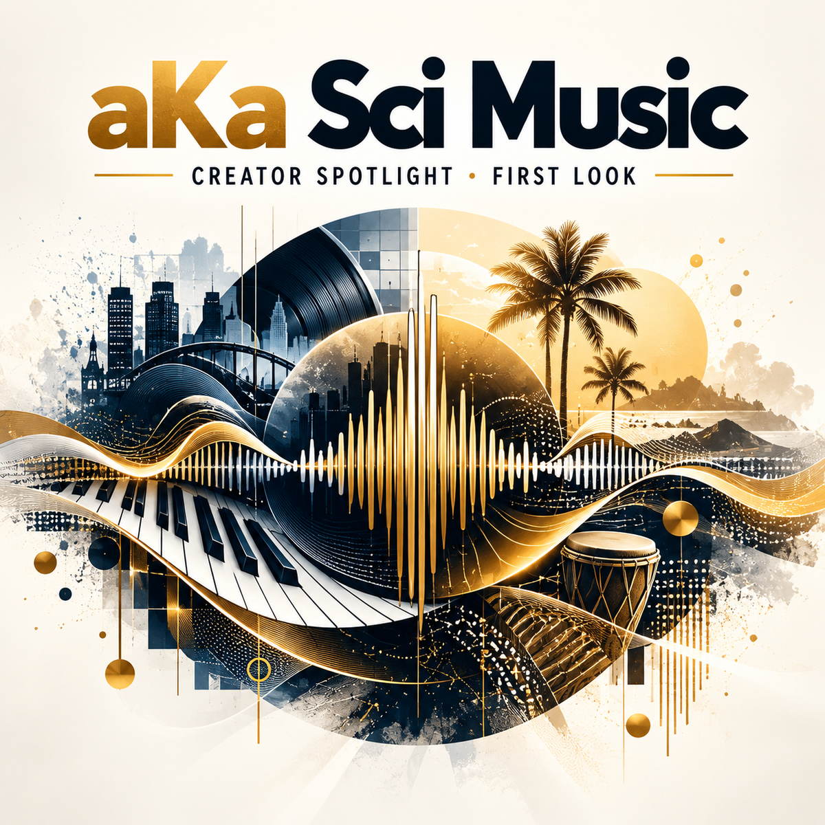 Illustrated aKa Sci Music First Look cover with a gold-and-navy waveform, urban and coastal motifs, and instruments. Editorial illustration, not official release artwork.