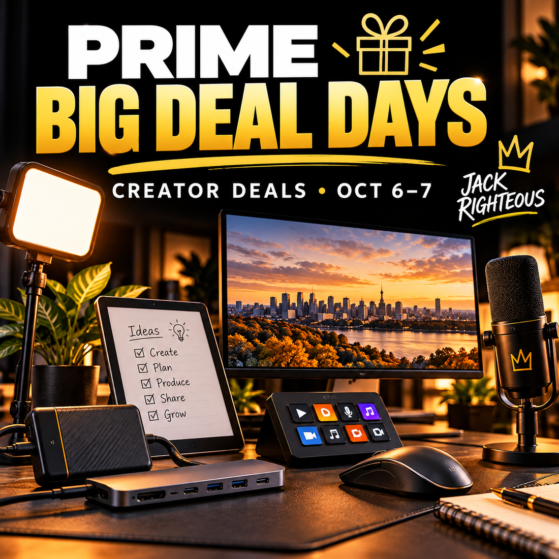 Prime Big Deal Days creator deals October 6 to 7 with SSD, monitor, microphone, lighting, USB hub and creator workspace in Jack Righteous black and gold styling