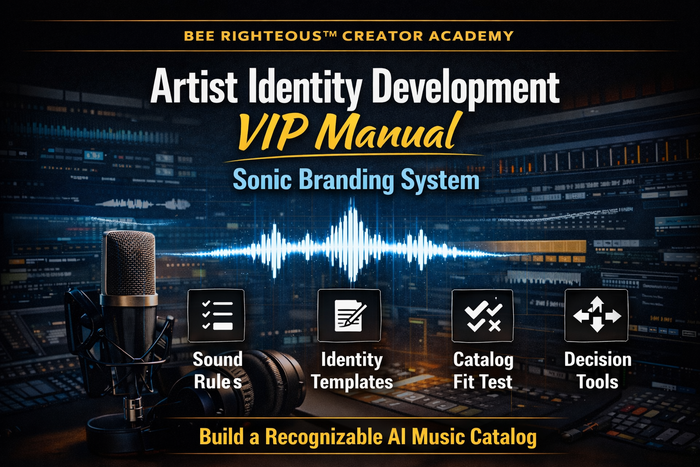 Artist Identity Development VIP Manual cover showing sonic branding system, sound rules, templates, and catalog fit framework.