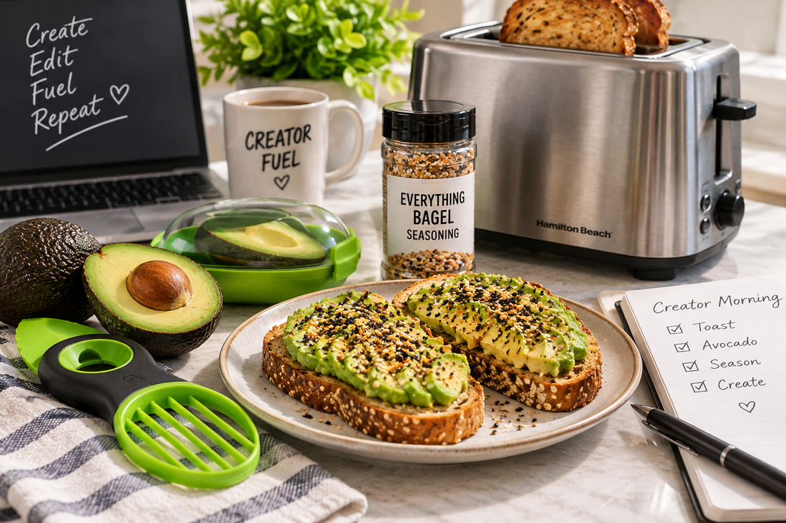 Avocado toast creator morning cover with toaster, avocado tools, everything bagel seasoning, coffee and laptop workspace