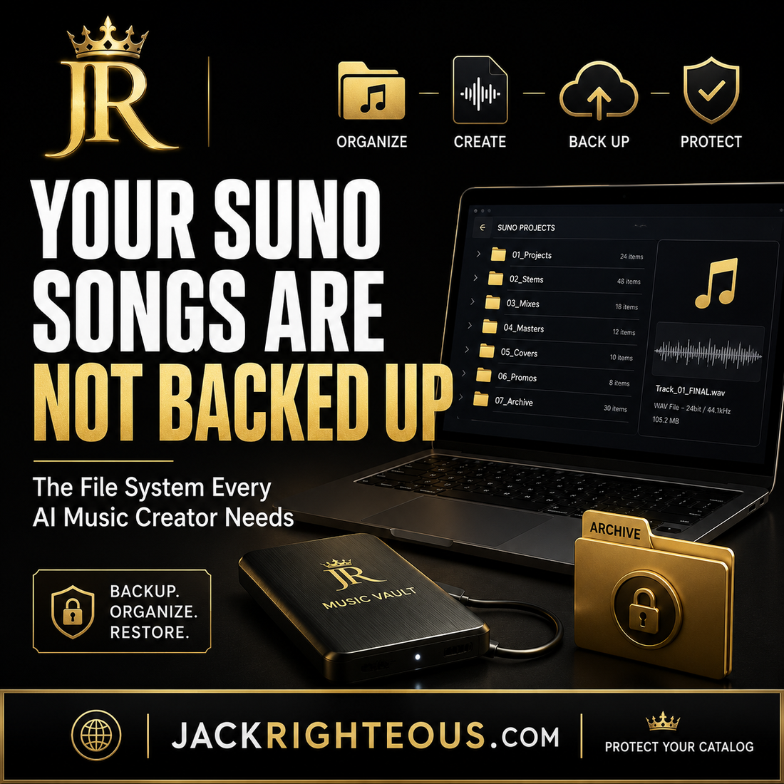 Suno backup guide showing organized project folders, external storage and cloud copies for protecting creator work