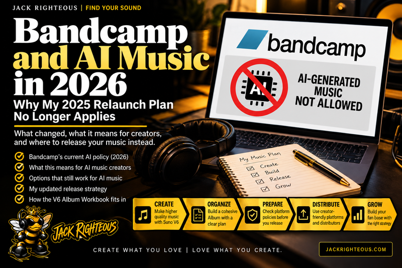Bandcamp and AI Music in 2026 guide explaining why the 2025 Jack Righteous relaunch plan no longer applies and how creators should adapt to Bandcamp's AI music policy.