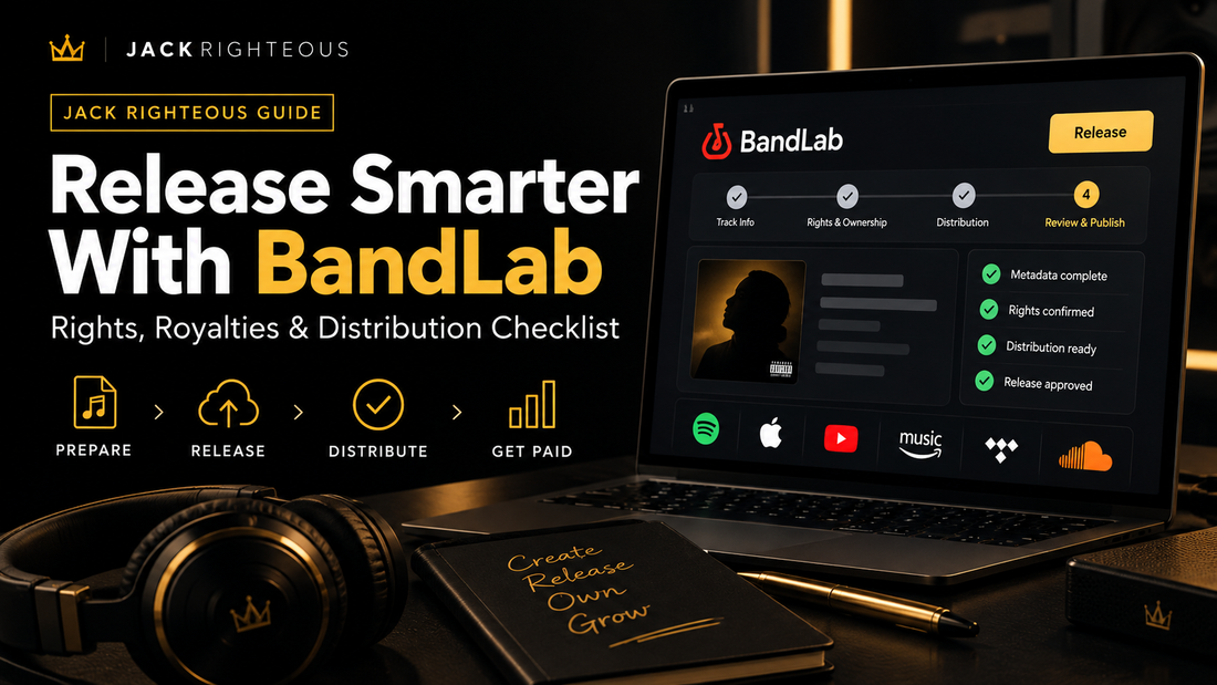Jack Righteous BandLab distribution guide: Release Smarter With BandLab. Rights, royalties and distribution checklist illustrated with music release dashboard.