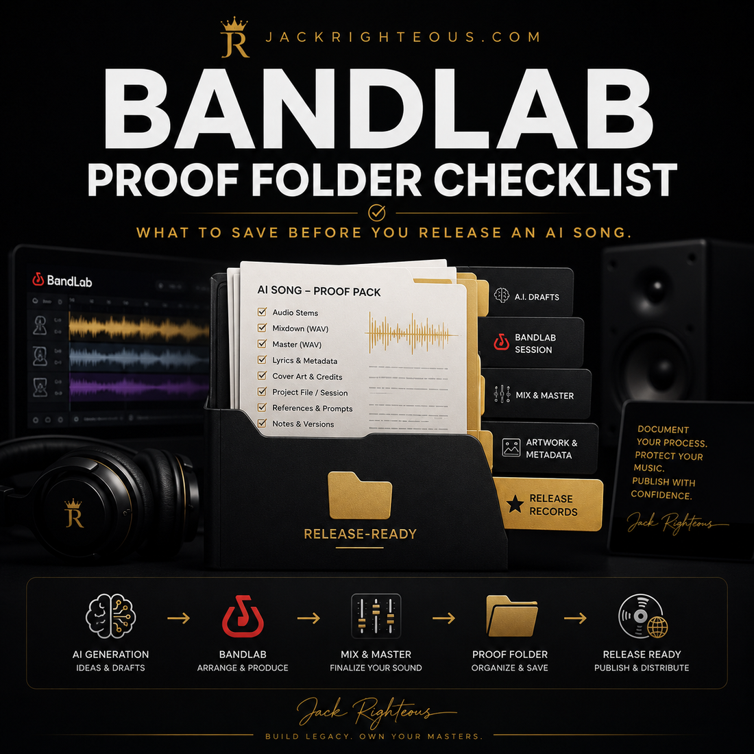 BandLab proof-folder checklist for saving source files, rights records, revisions and release evidence for AI-assisted music