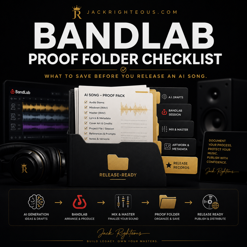 BandLab proof-folder checklist for saving source files, rights records, revisions and release evidence for AI-assisted music