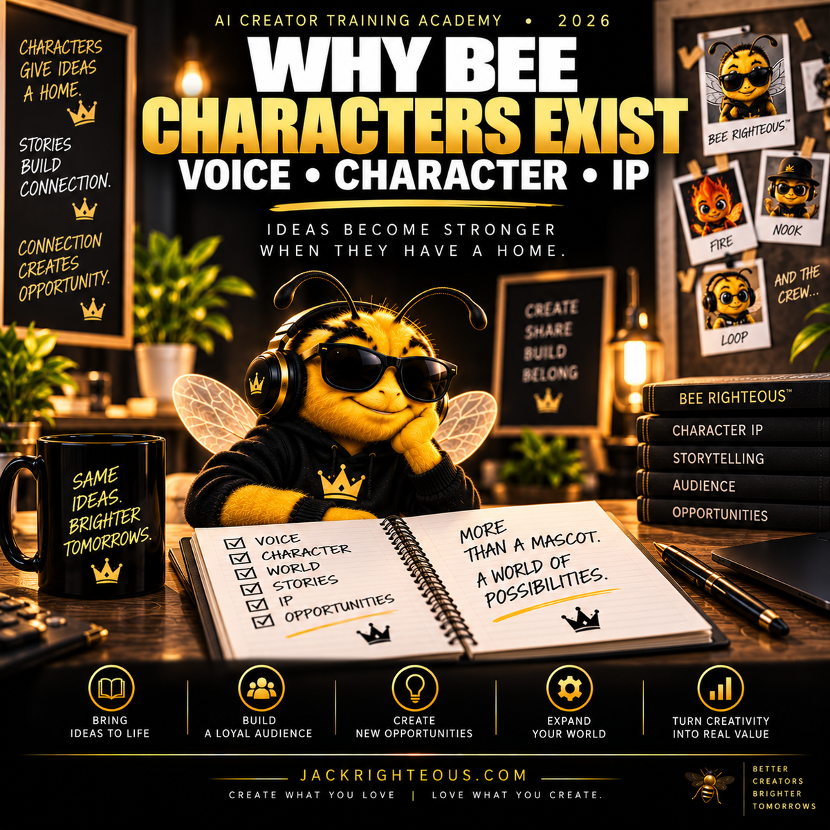 Bee mascot in a character studio showing how voice, character and IP turn recurring ideas into a recognizable world