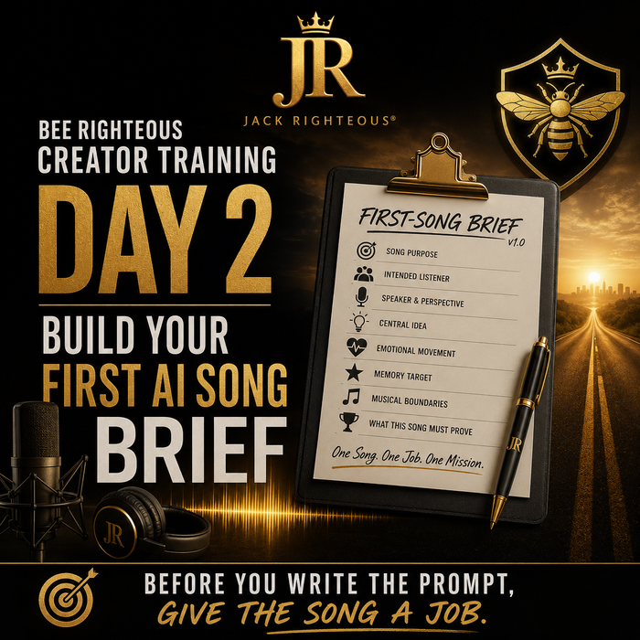Bee Righteous Creator Training Day 2 guide for building a clear first AI song brief before generating music