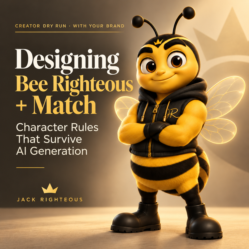 Bee Righteous and Match character design cover showing rules for consistent AI-generated character identity