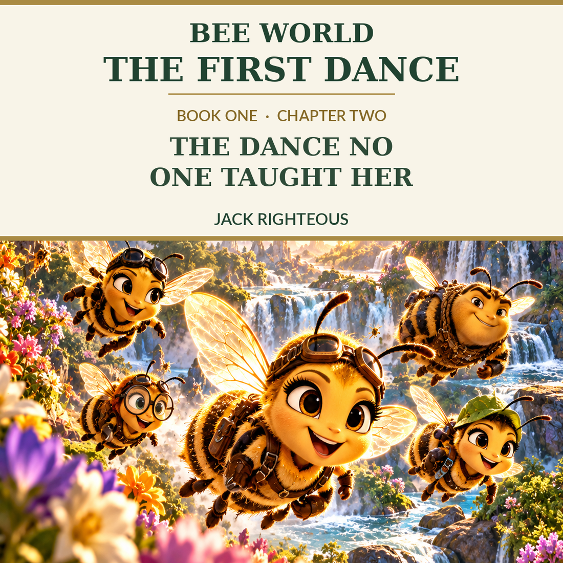 Bee World: The First Dance — Book One Chapter 2, The Dance No One Taught Her. Cheerful illustrated honeybees in Eden beneath a cream and botanical green storybook title.
