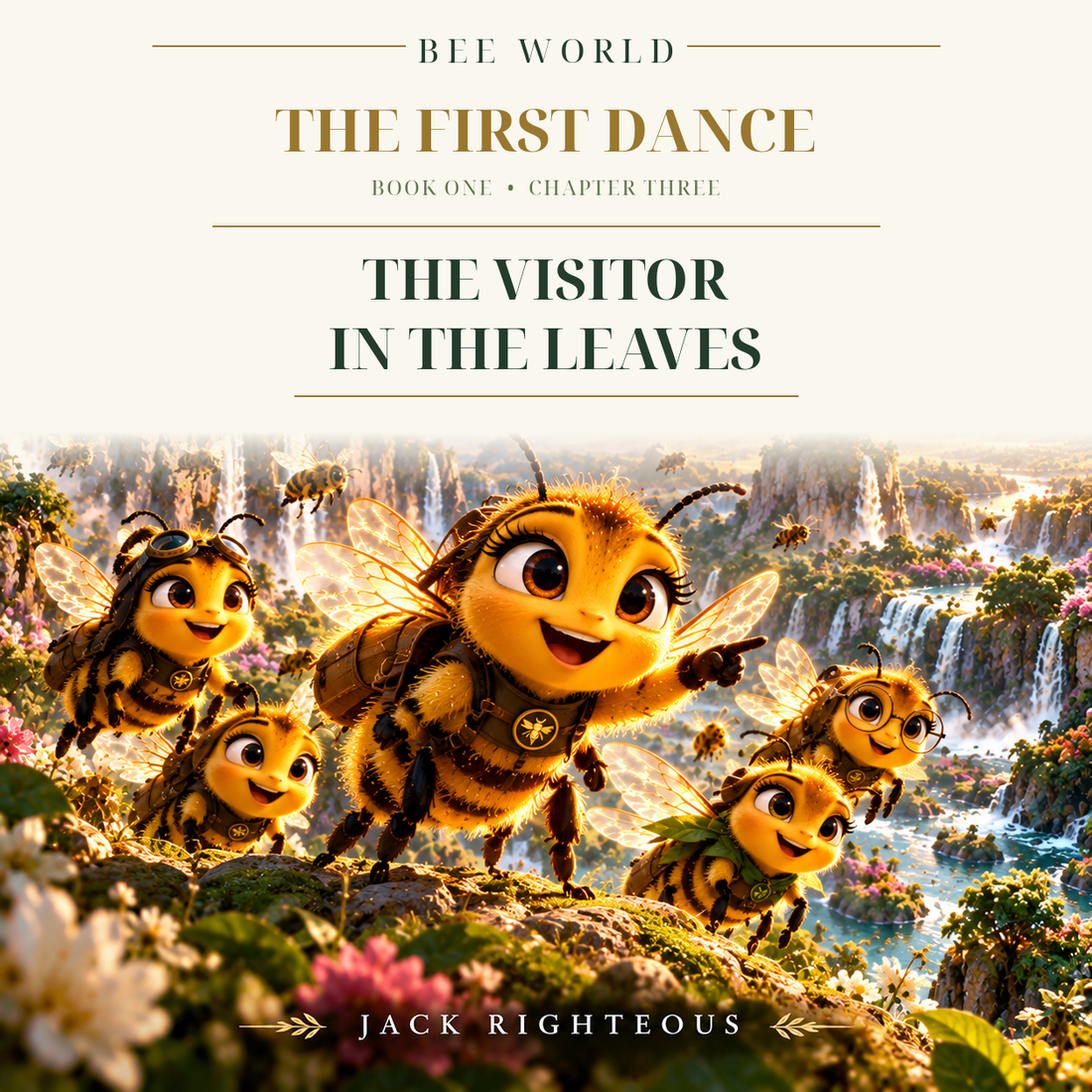 Bee World: The First Dance — Book One Chapter 3, The Visitor in the Leaves. Cheerful illustrated honeybees in a luminous Garden of Eden valley with gold and botanical green book cover typography.