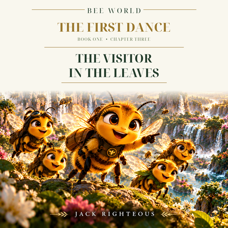 Bee World: The First Dance — Book One Chapter 3, The Visitor in the Leaves. Cheerful illustrated honeybees in a luminous Garden of Eden valley with gold and botanical green book cover typography.